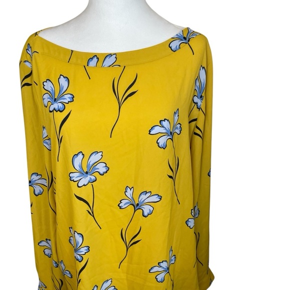 Ann Taylor LOFT Yellow Blue Lily Long Sleeve Roll Tab Blouse Large Flower Office - Picture 3 of 9